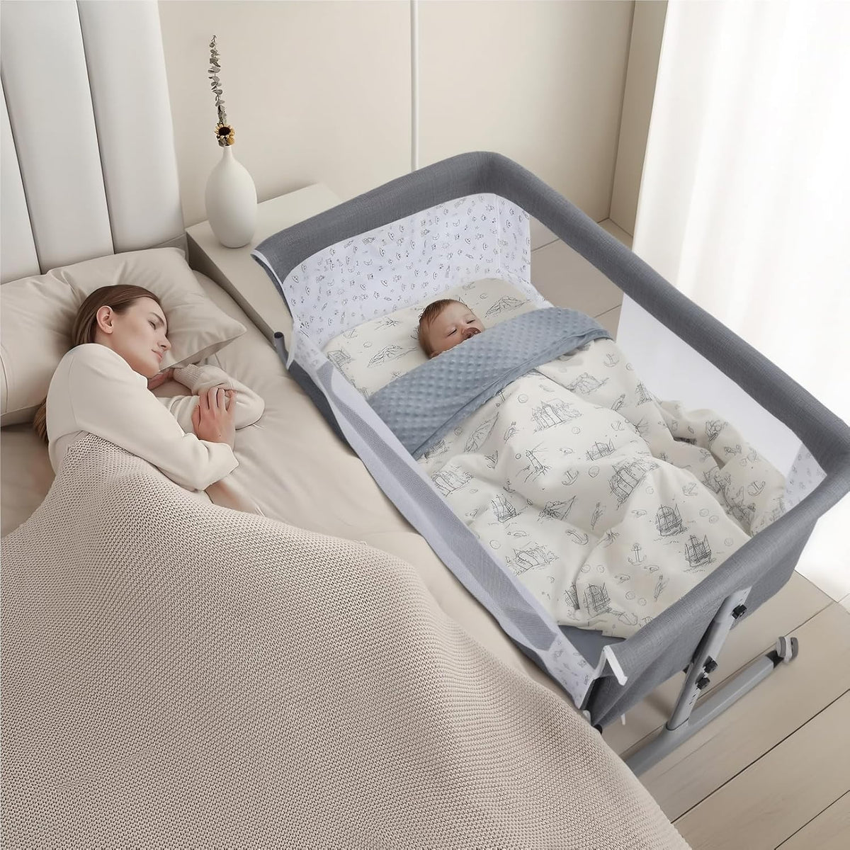 Rocking Bedside Crib with Mosquito Net Wheels Adjustable Height & Storage 1 Set