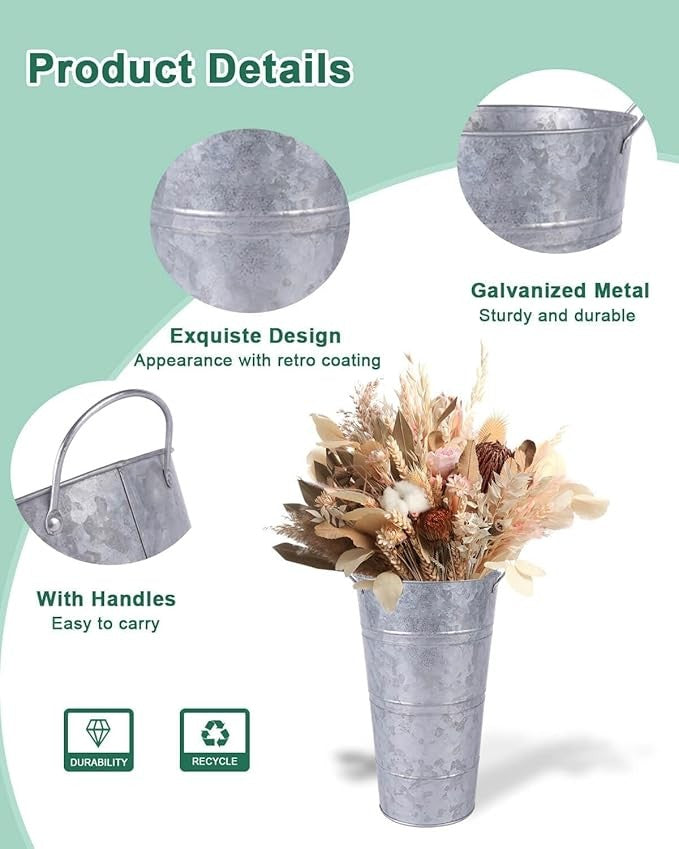 Galvanized Metal Flower Vases Set of 6 Rustic Bucket Planters Indoor Outdoor