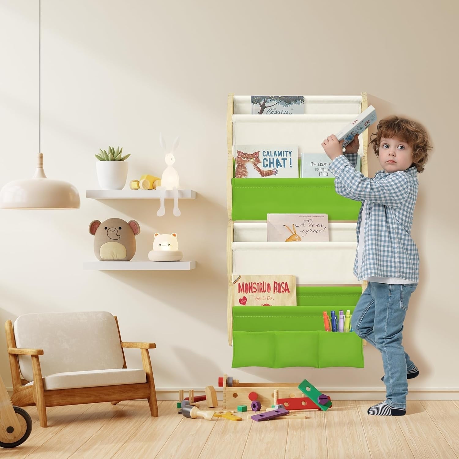 Montessori Kids Wall Bookshelf 4 Tier Storage Rack with Pockets – Green