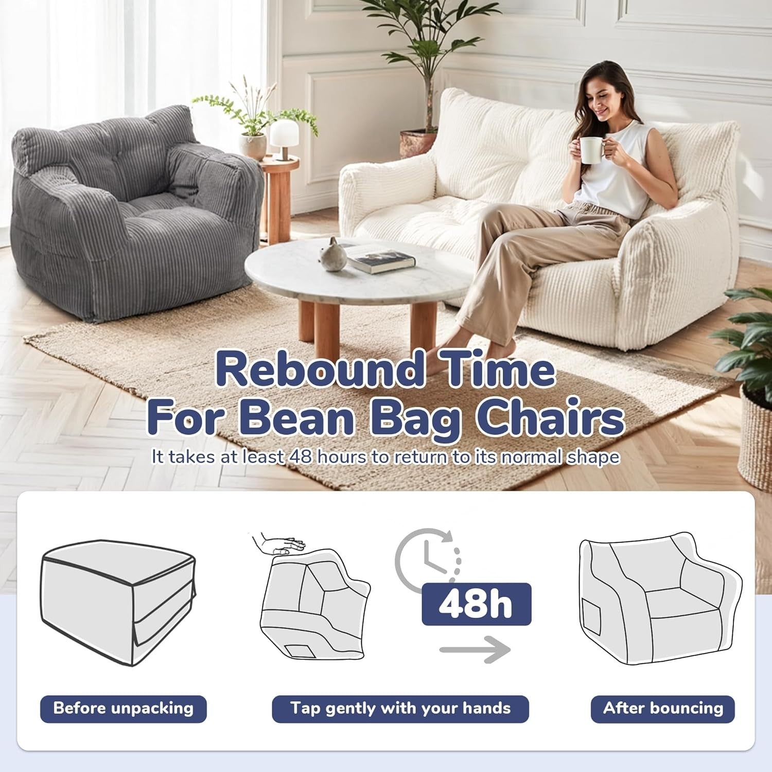 Comfy Bean Bag Chair for Adults with Sponge Filling, Ergonomic Sofa - Beige