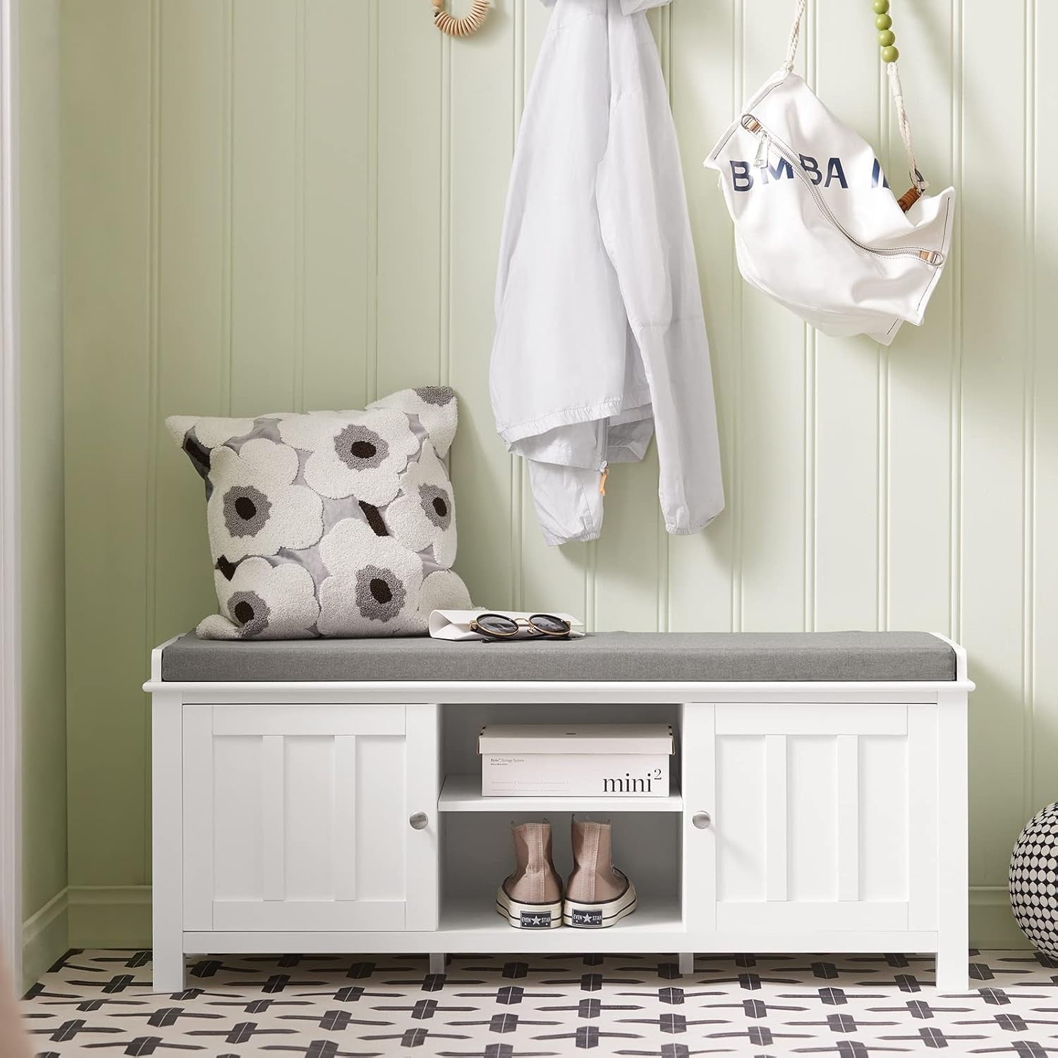 Modern White Storage Bench with Cushion & Shoe Cabinet – 105×35×43 cm