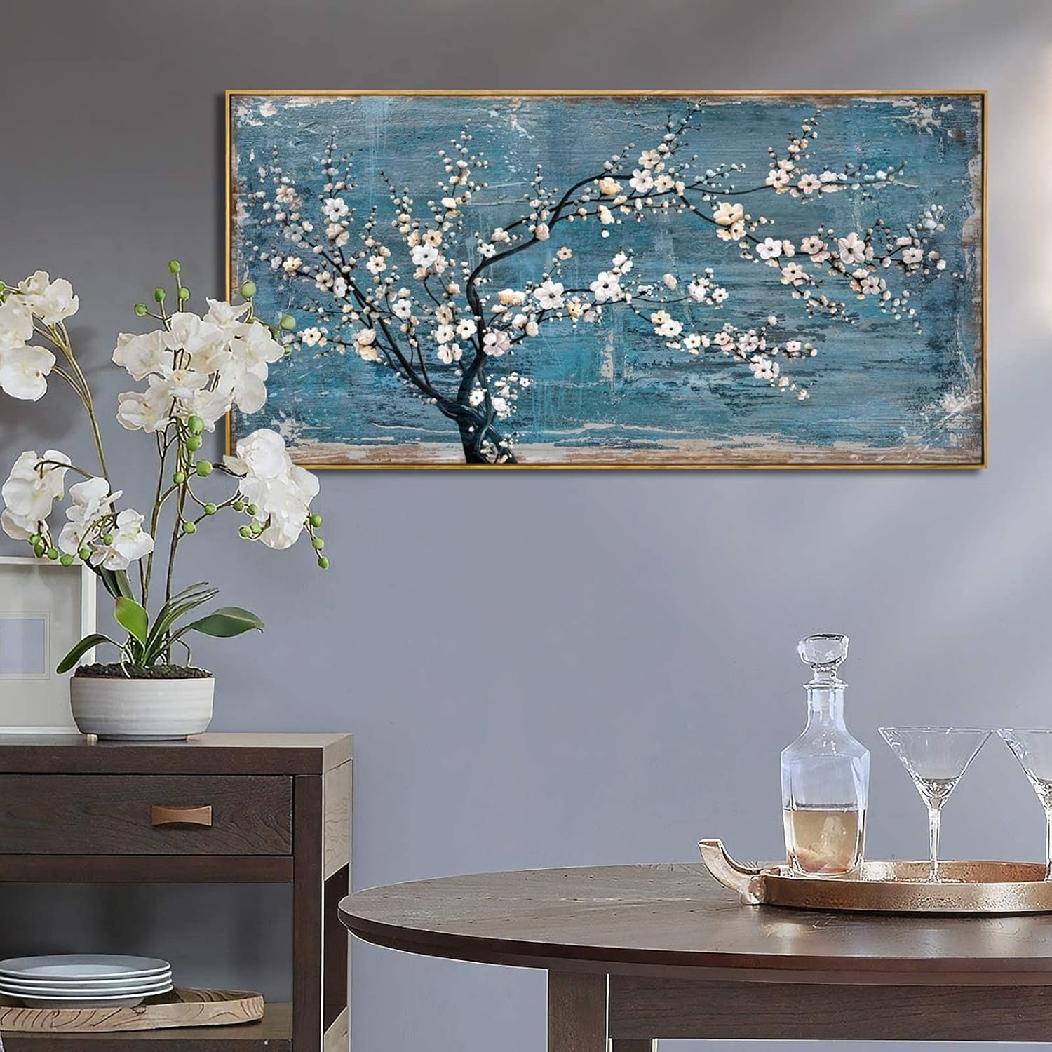 Large Teal Blossom Framed Canvas Wall Art 152x76cm