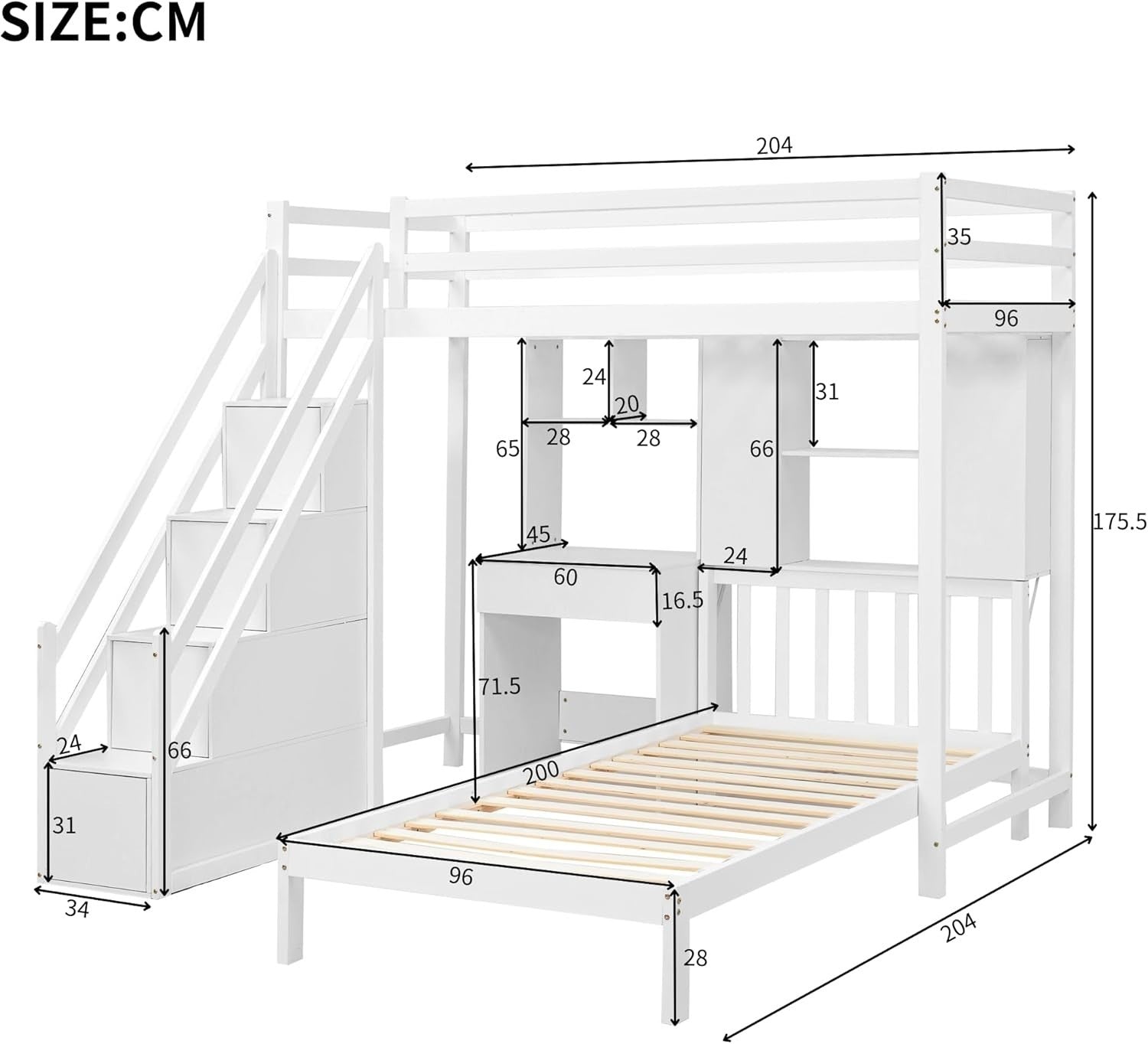 Kids Pine Wood Bunk Bed with Storage Ladder, Desk & Shelves 204x175cm