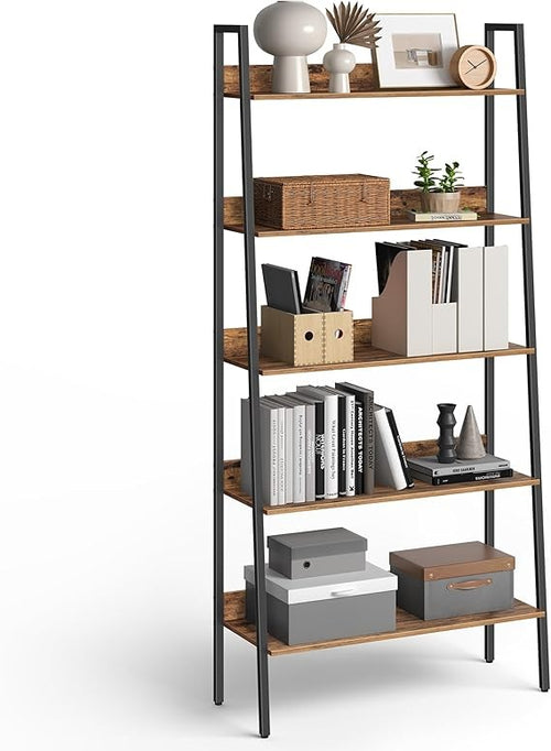 5-Tier Industrial Ladder Shelf Bookcase Freestanding Rustic Brown Metal Frame
