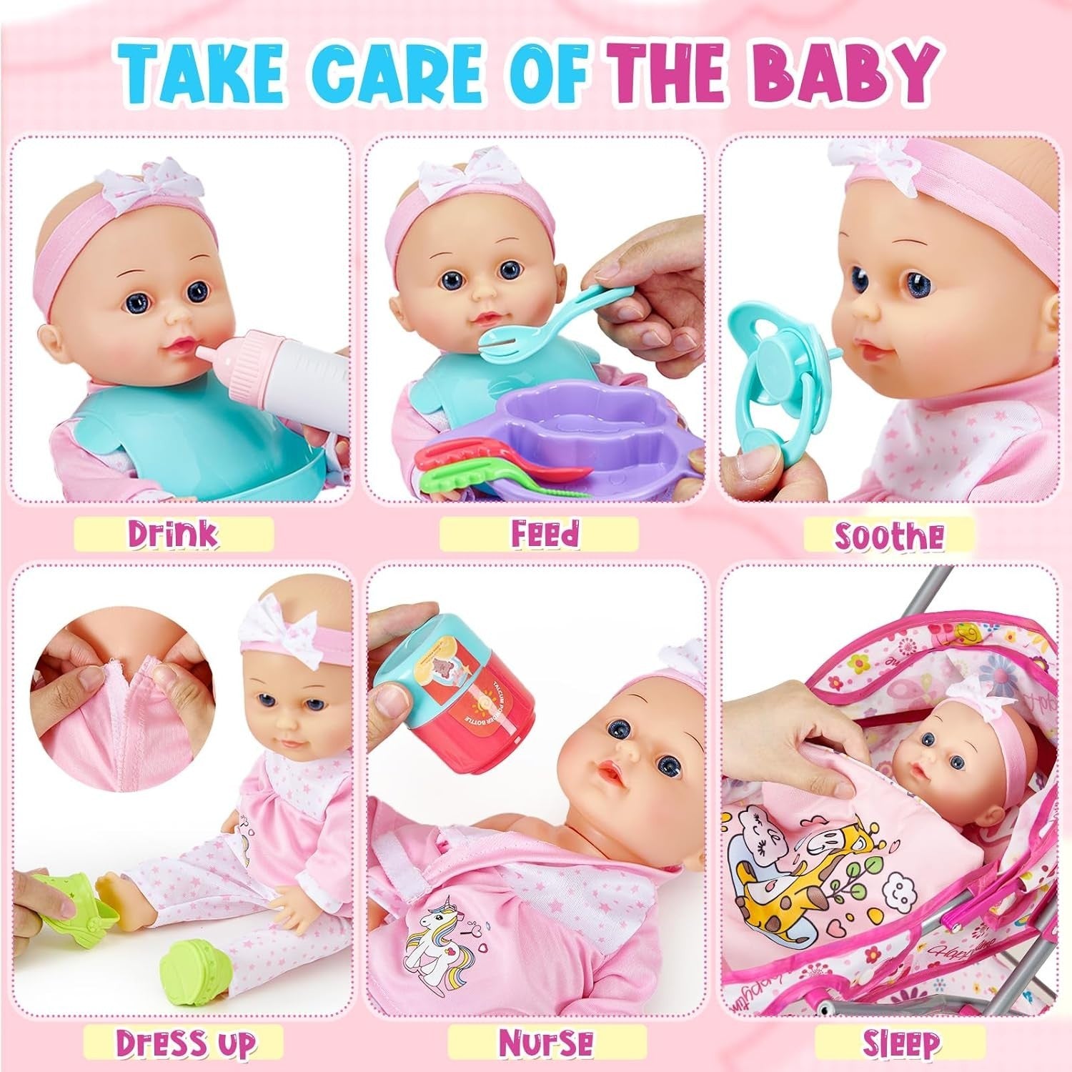 Baby Doll Playset w Stroller Rocking Horse Clothes Feeding Accessories