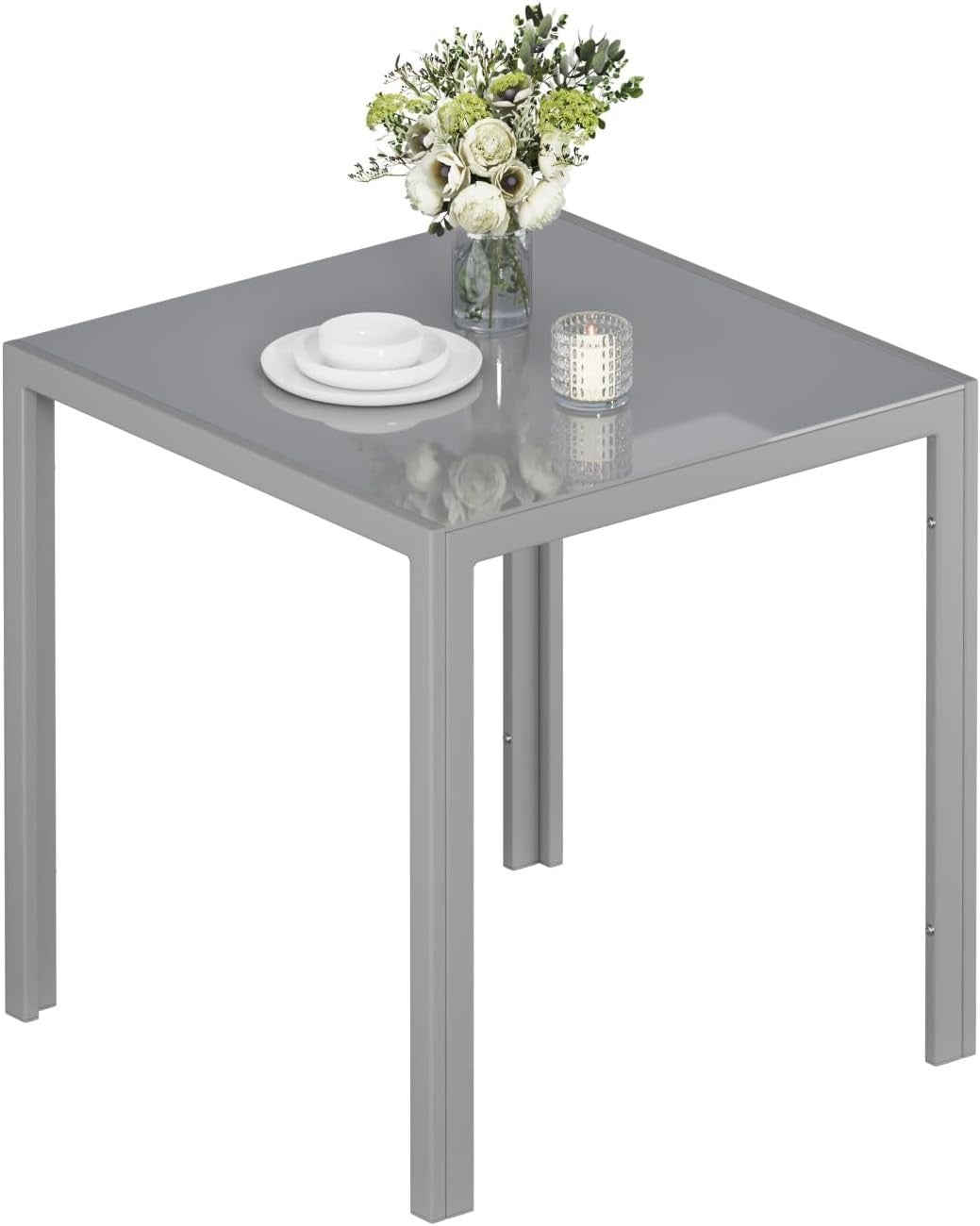 75cm Square Glass Dining Table Grey Tempered Metal Frame Kitchen Table