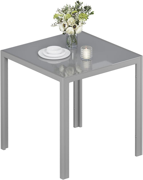 75cm Square Glass Dining Table Grey Tempered Metal Frame Kitchen Table