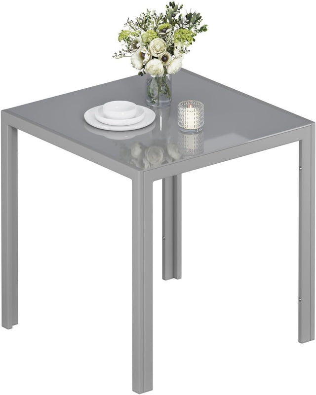 75cm Square Glass Dining Table Grey Tempered Metal Frame Kitchen Table