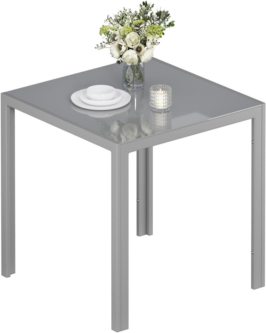 75cm Square Glass Dining Table Grey Tempered Metal Frame Kitchen Table