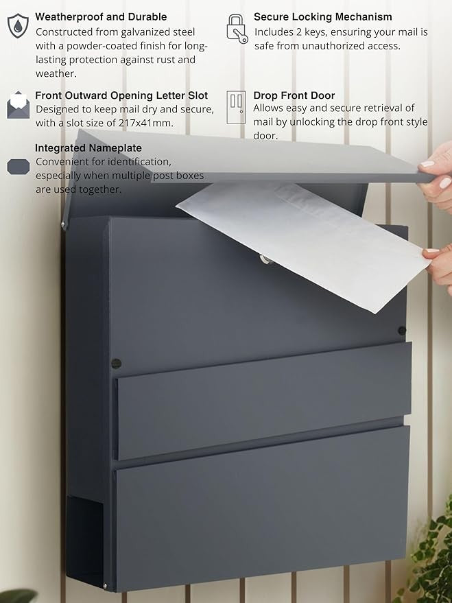 Lockable Wall Mounted Mailbox with Newspaper Holder – Rustproof Steel