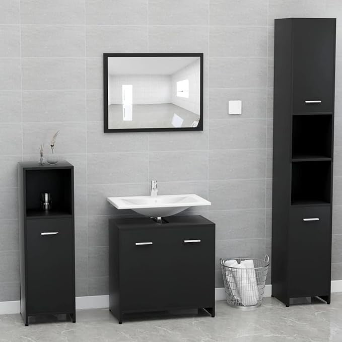 Black Bathroom Sink Cabinet 60x33x61cm Modern Vanity Storage Unit Cupboard