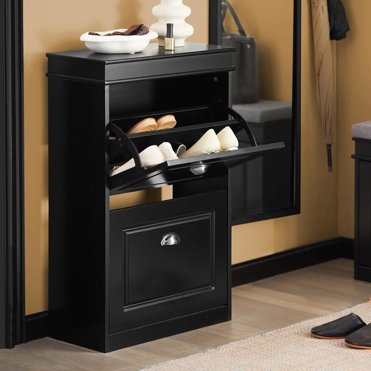 2-Drawer Slim Shoe Cabinet with Flip Drawers, 54x24x82 cm Black