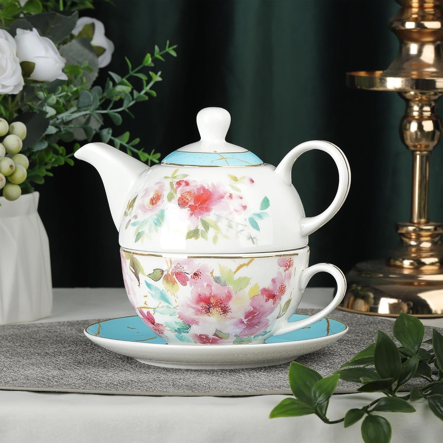 Floral Tea for One Set Porcelain Teapot Cup Saucer Gold Trim Gift