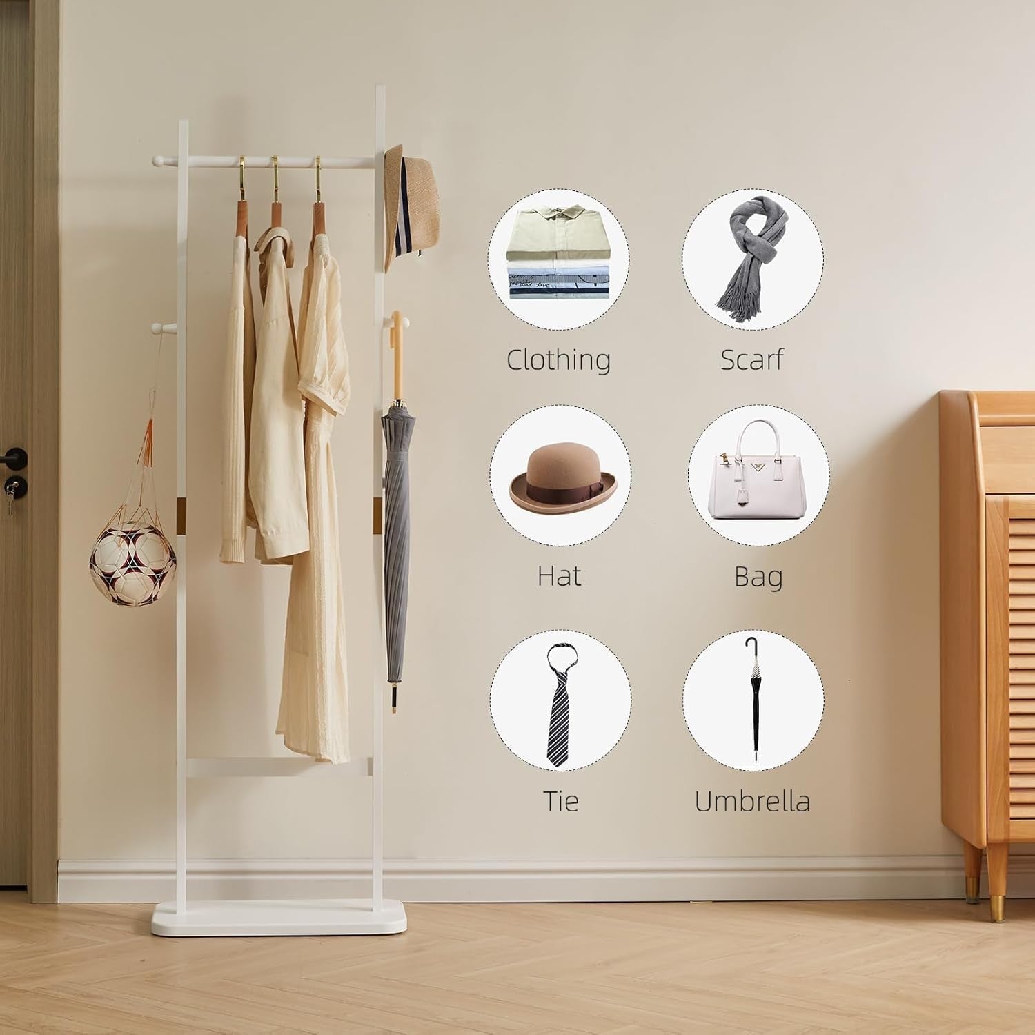 Modern Wooden Free Standing Coat Rack 180cm 5 Hooks Organizer Hanger Stand