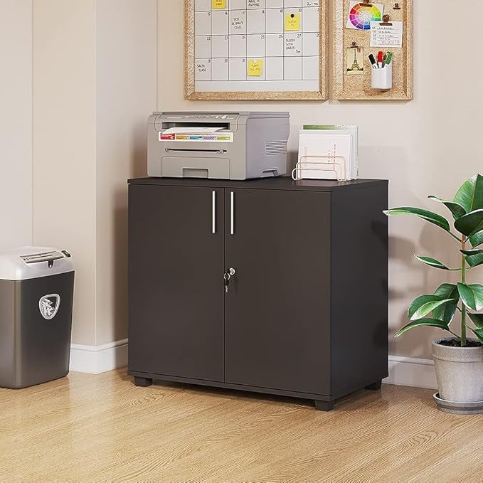 Black Wooden Office Storage Cabinet 2 Door Cupboard with Lock for Home & File