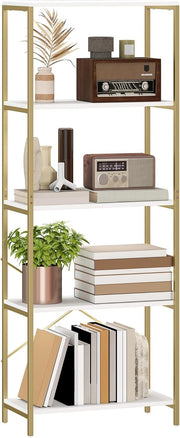 White & Gold 5-Tier Modern Bookcase Tall Metal Frame Open Display Shelf Unit