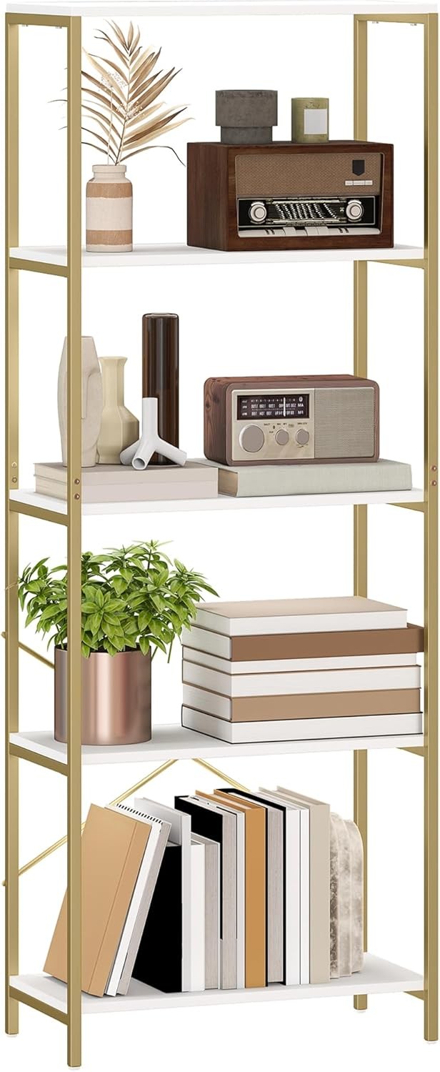 White & Gold 5-Tier Modern Bookcase Tall Metal Frame Open Display Shelf Unit