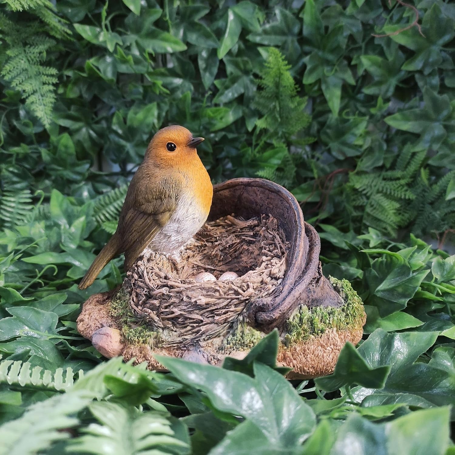 Robin Bird Ornament on Nest with Eggs • Realistic Garden Lawn Decor 16cm