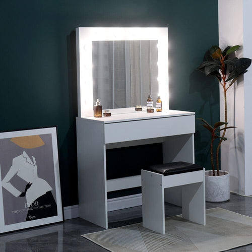 White Modern Dressing Table Vanity Desk with LED Mirror & Tuck-Under Stool