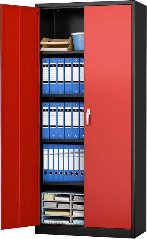 Black Red Metal Storage Cabinet 180cm Lock & Adjustable Shelves – Tall Cupboard