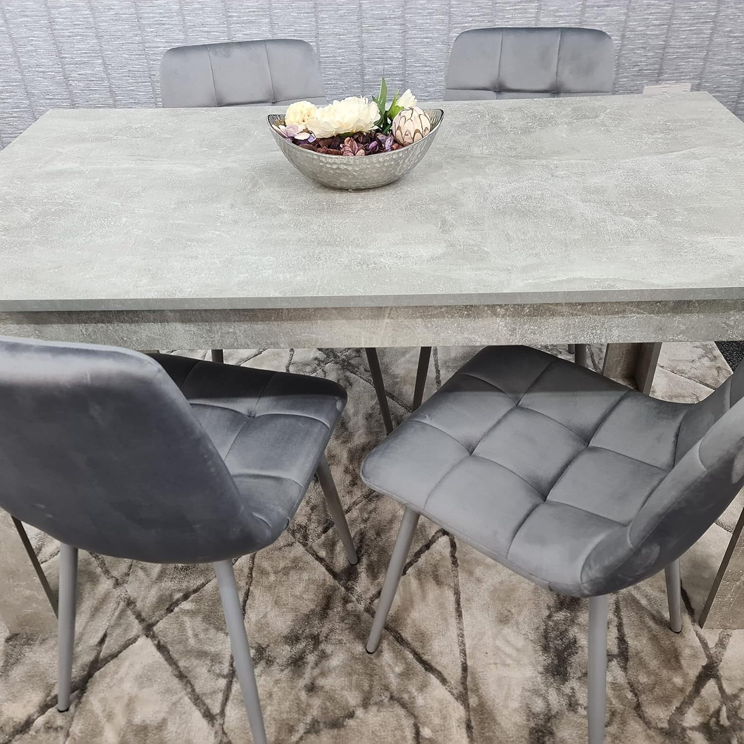 Grey 4 Seater Dining Table Set w/ Tufted Velvet Chairs | Stone Effect Finish