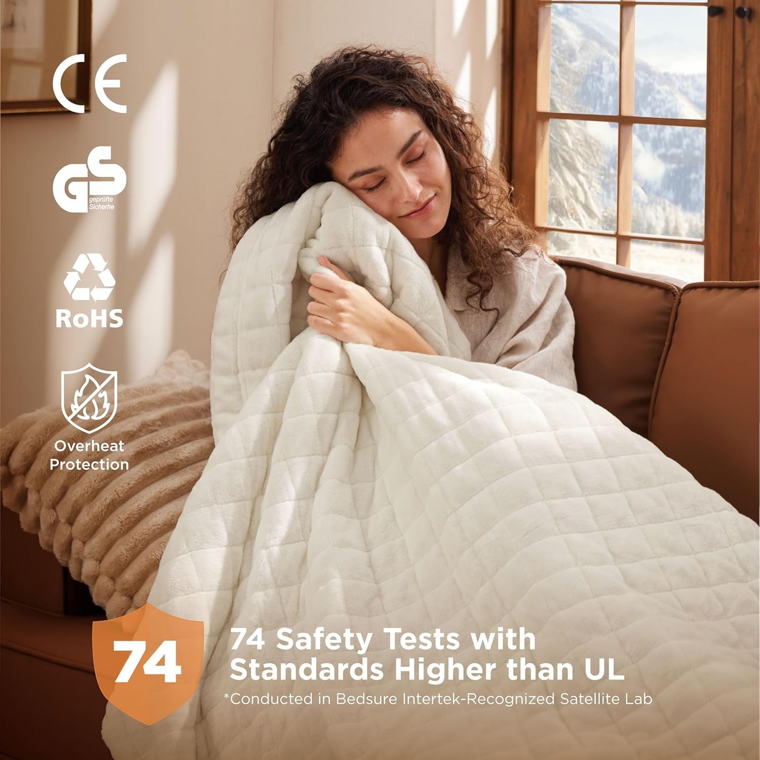 White Quilted Electric Heated Throw Blanket 6 Heat Timer Fast Warm 160x130cm