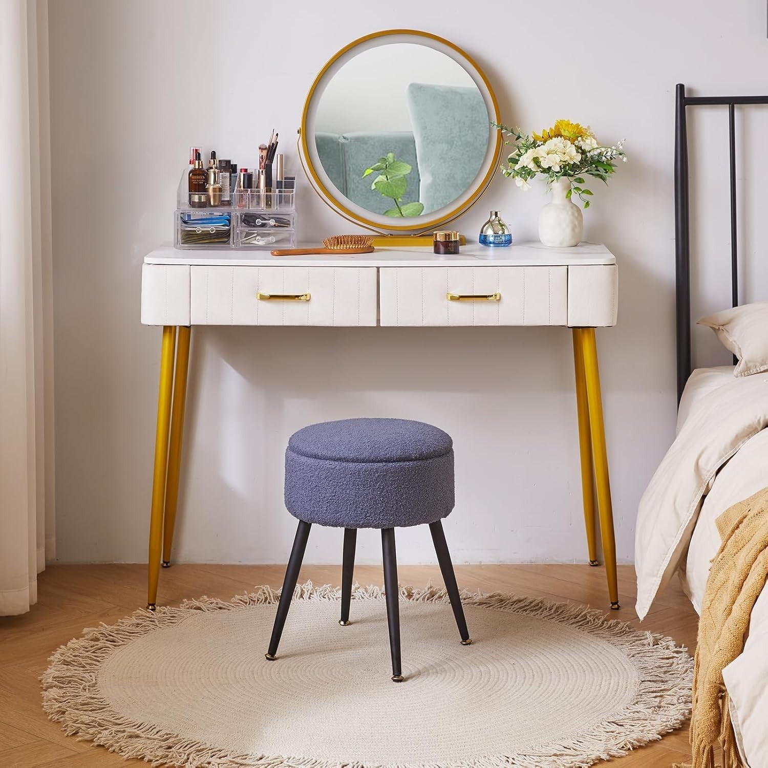 Blue Grey Round Vanity Stool with Storage – Teddy Fur Ottoman Chair