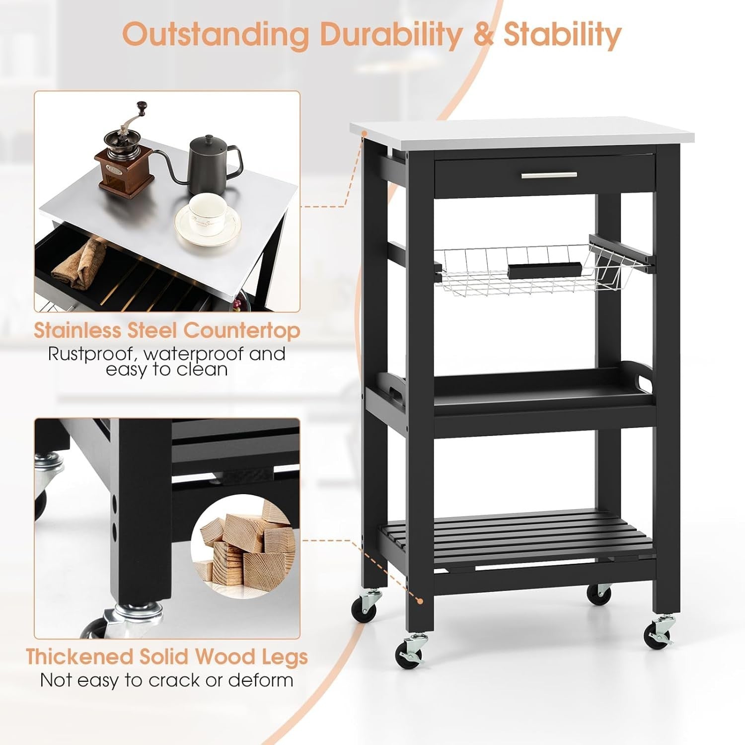 Black Kitchen Trolley on Wheels w/ Stainless Steel Top