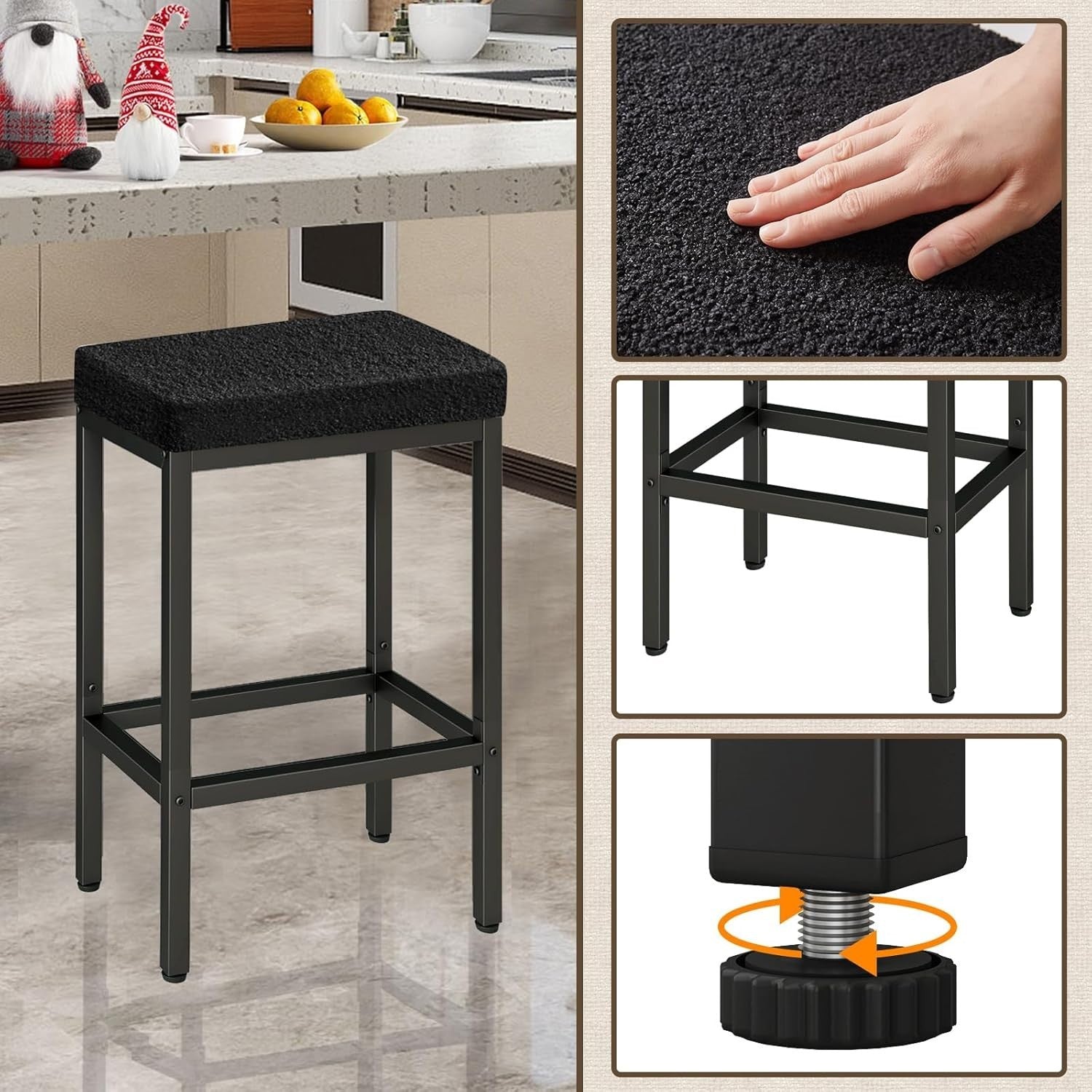 Black Bar Stools Set of 2 Counter Height Kitchen Chairs 66cm