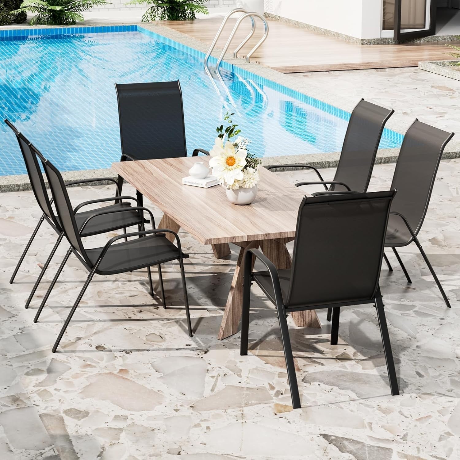 Set of 6 Stackable Garden Chairs High Back Armrest Outdoor Patio Seats