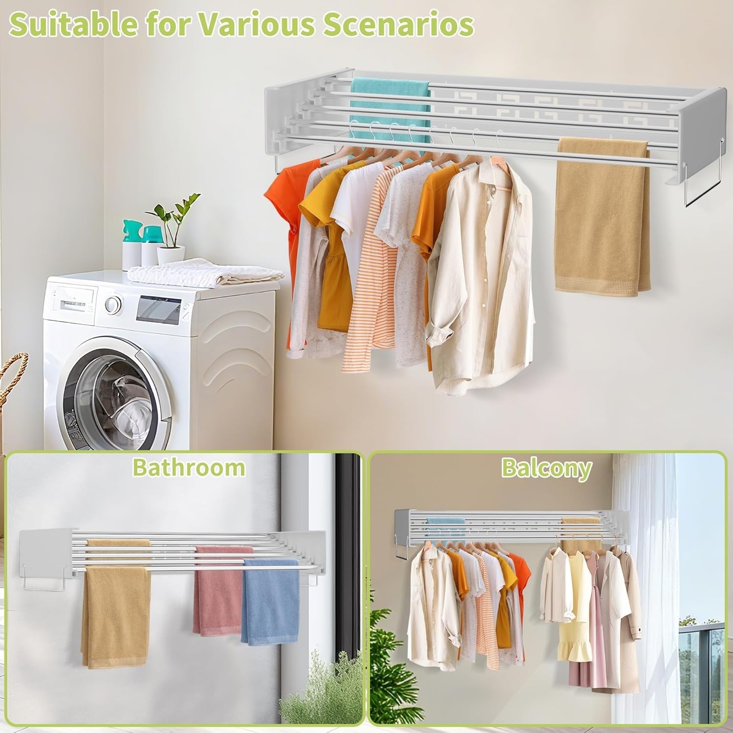Wall Mounted Retractable Clothes Airer Folding Drying Rack Space Saving