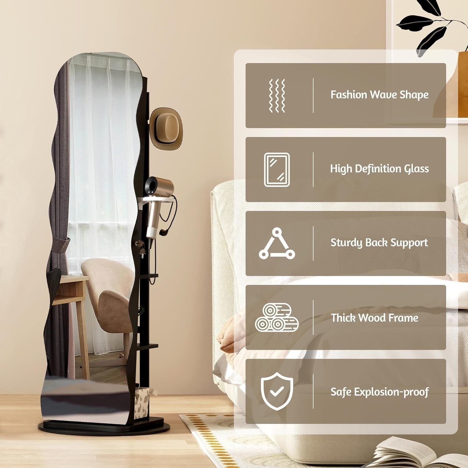 Black LED Rotating Jewellery Cabinet Lockable Wavy Mirror Organizer