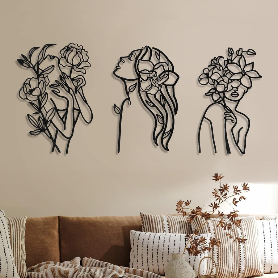 3pc Metal Woman Line Wall Art Minimalist Black Abstract Decor