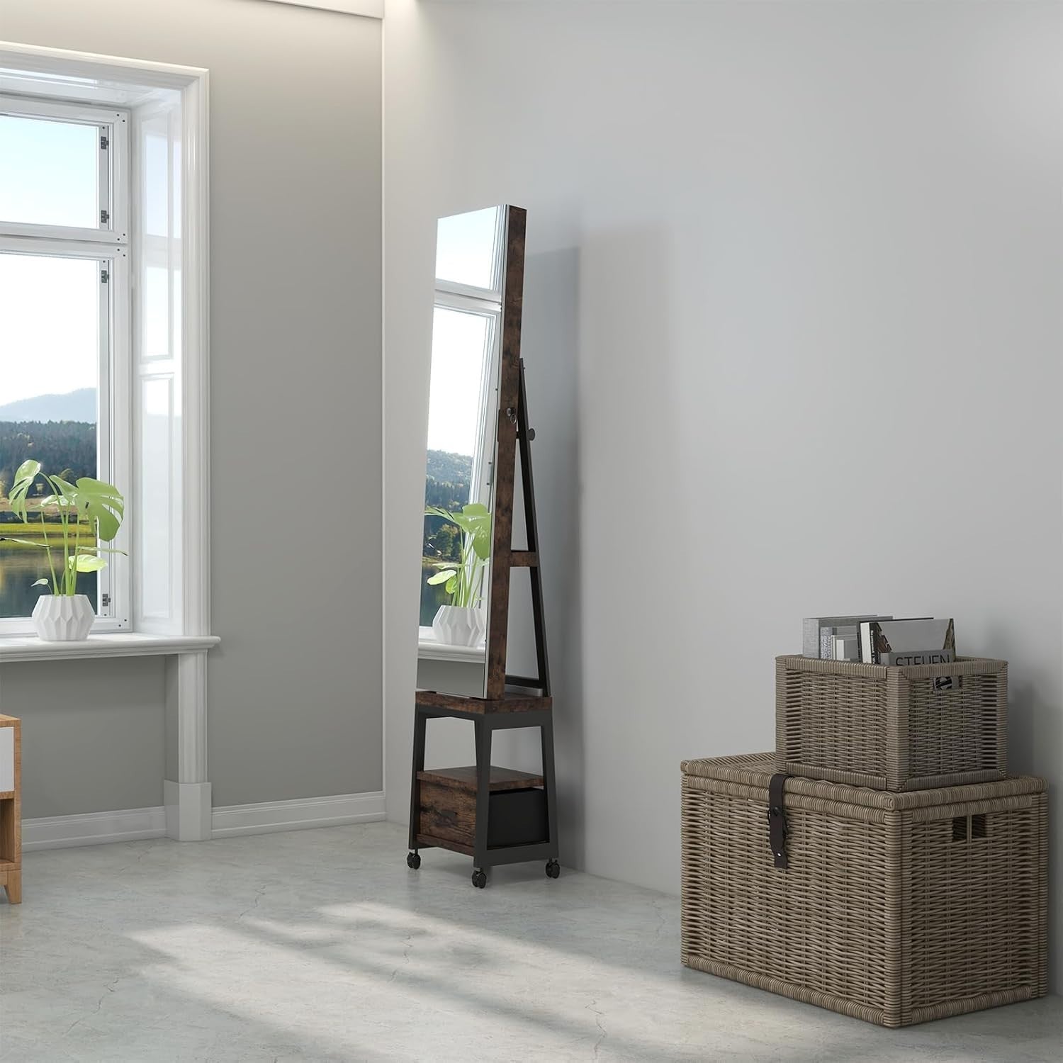 Rustic Brown 360° Rotating Jewellery Cabinet Full Length Mirror Lockable
