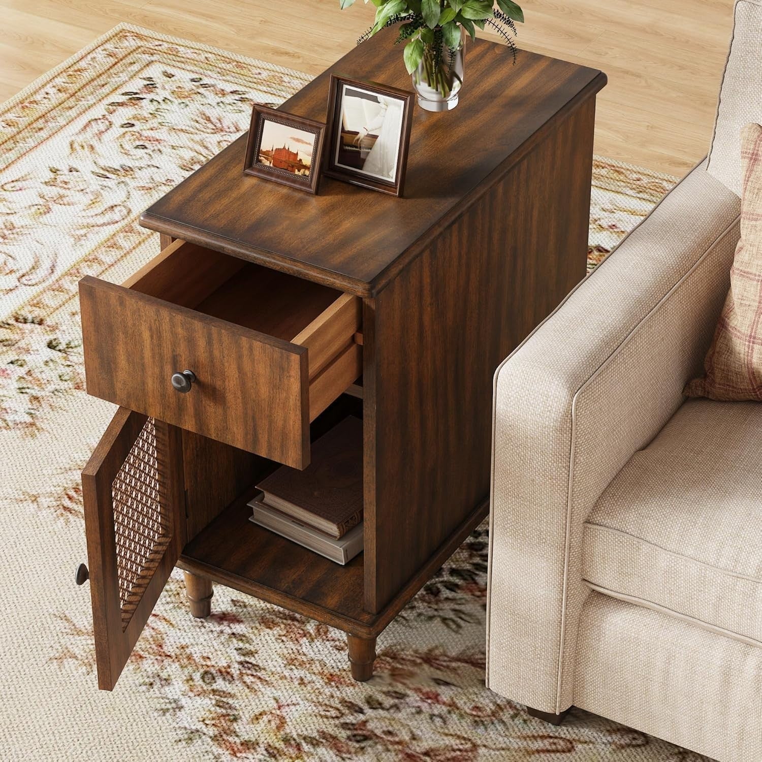 Pair of Solid Wood Walnut End Tables with Drawers – Vintage Slim Bedside