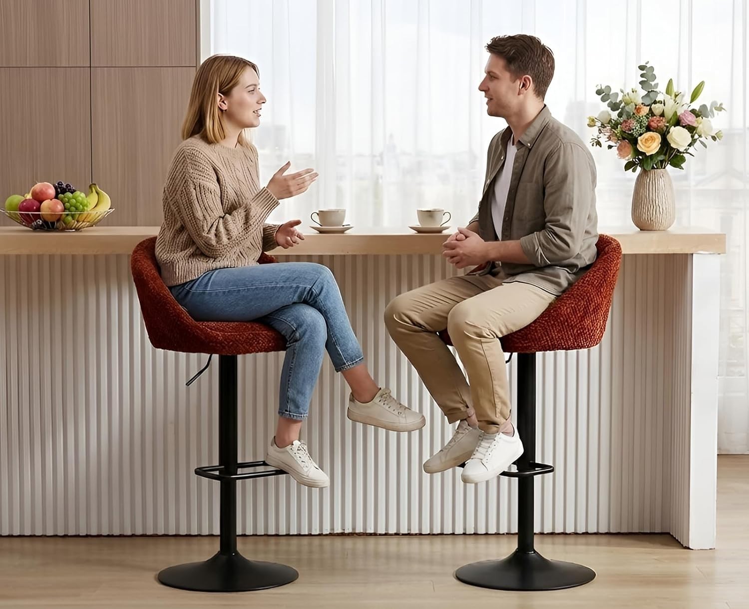 Bar Stools Set of 2 | Brown L-Shaped Adjustable PU Counter Chairs