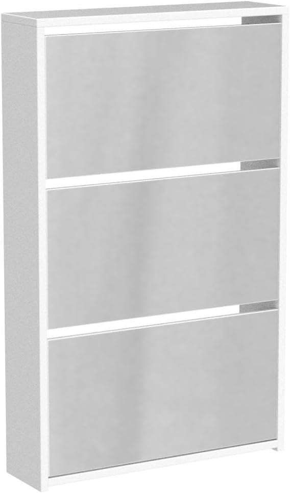 Mirrored 3-Drawer Shoe Cabinet Hallway Storage Unit 62x16.5x100cm White
