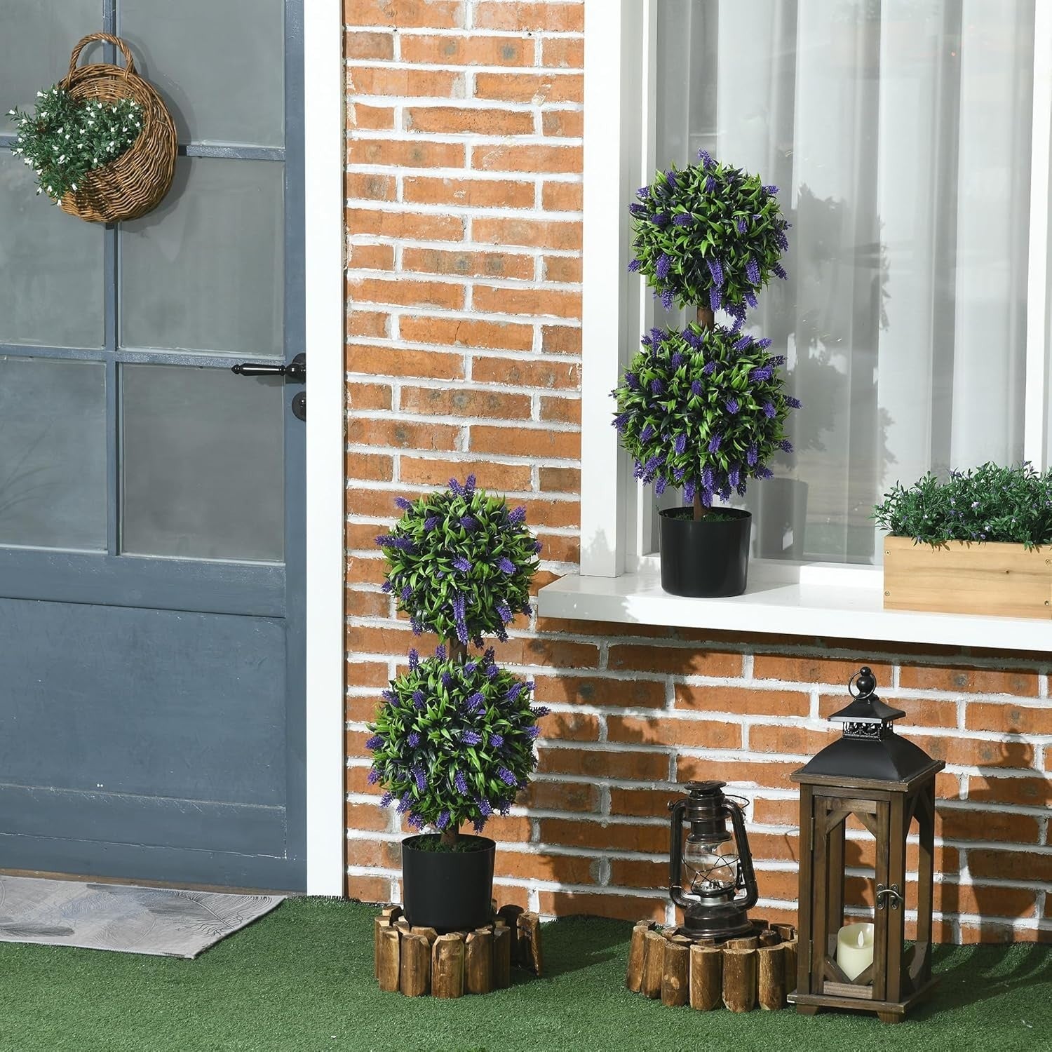 Set of 2 70cm Artificial Green Lavender Topiary Ball Trees in Weighted Pots Home