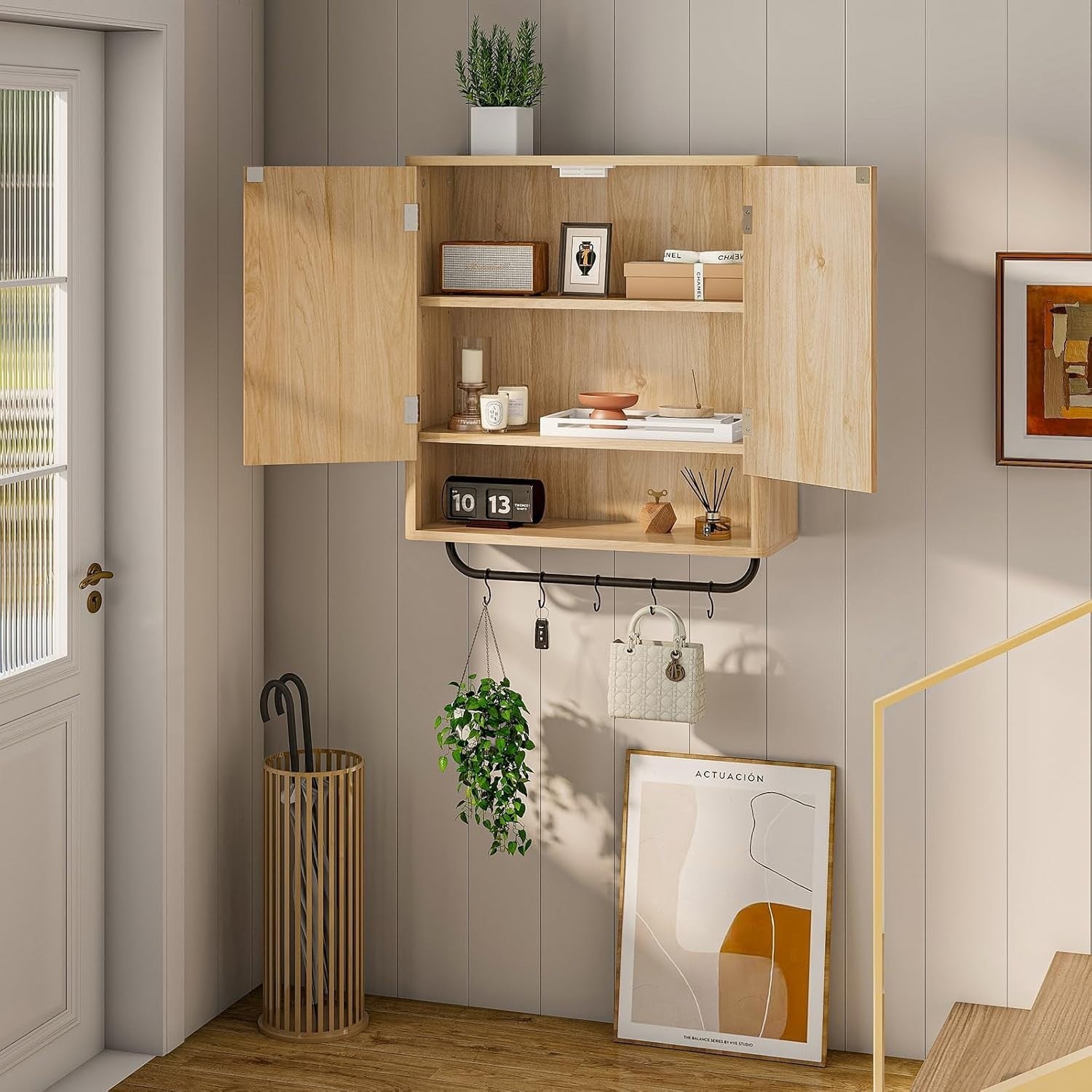 Deep Wall Mounted Kitchen & Bathroom Cabinet with Adjustable Shelves & Hooks