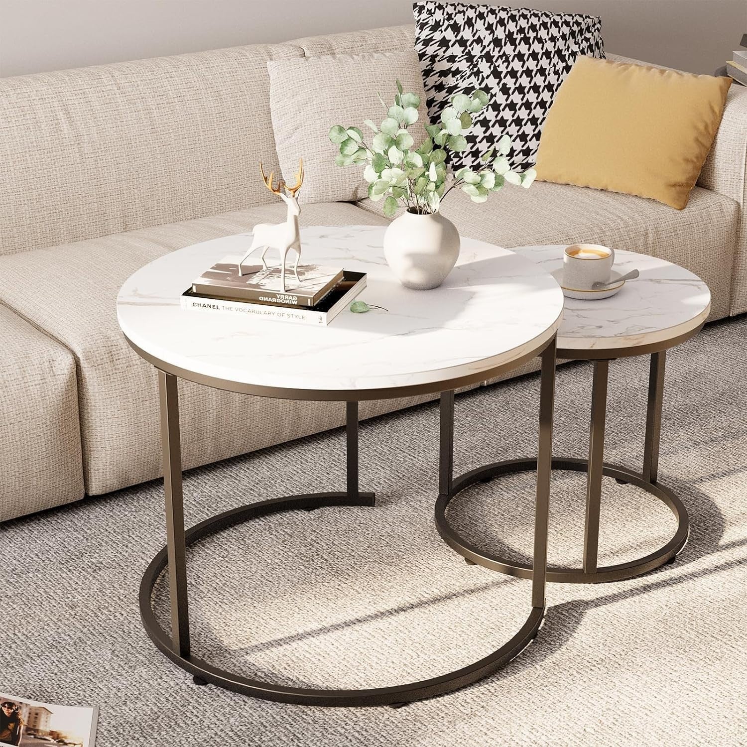 Nesting Coffee Table Set 2 Round Black Marble Metal Frame Living Room Furniture