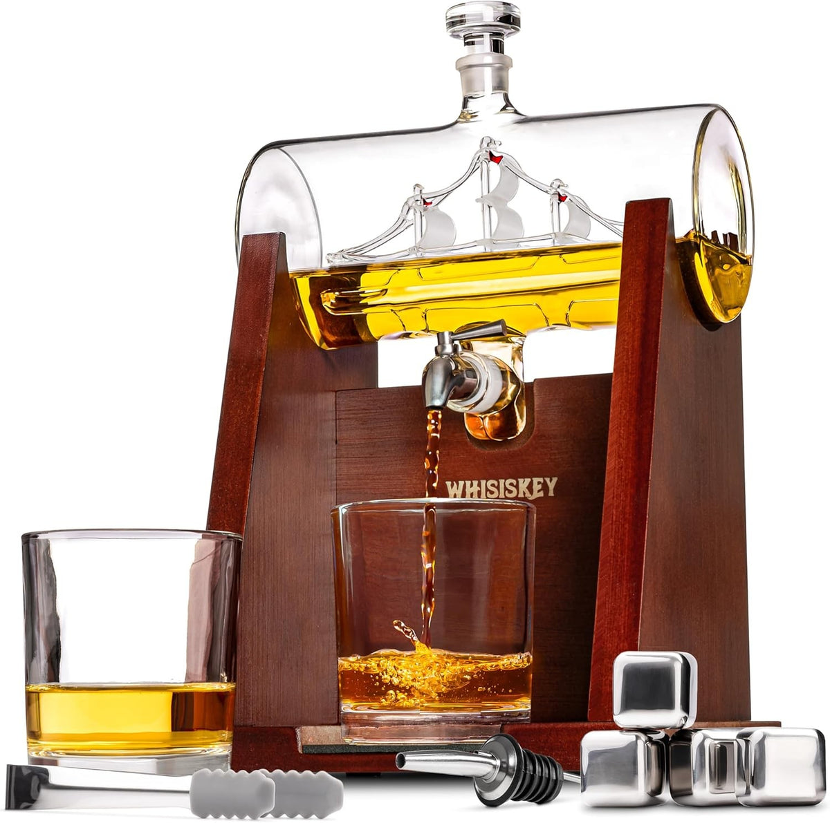1100ml Ship Whiskey Decanter Set with Glasses & Stones | Luxury Men’s Gift