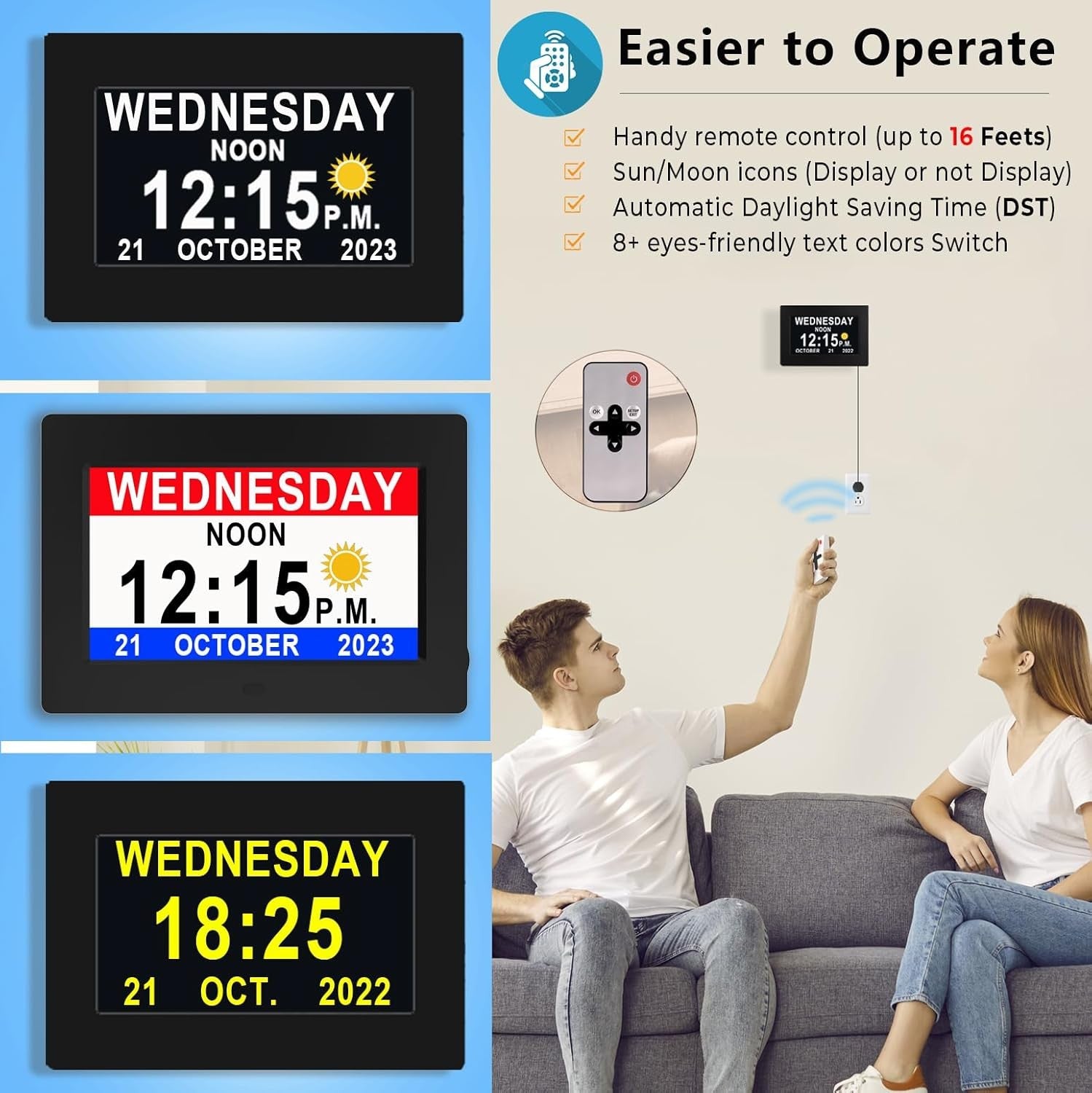 Large Dementia Day Clock 7-Inch Auto DST Remote Control Black