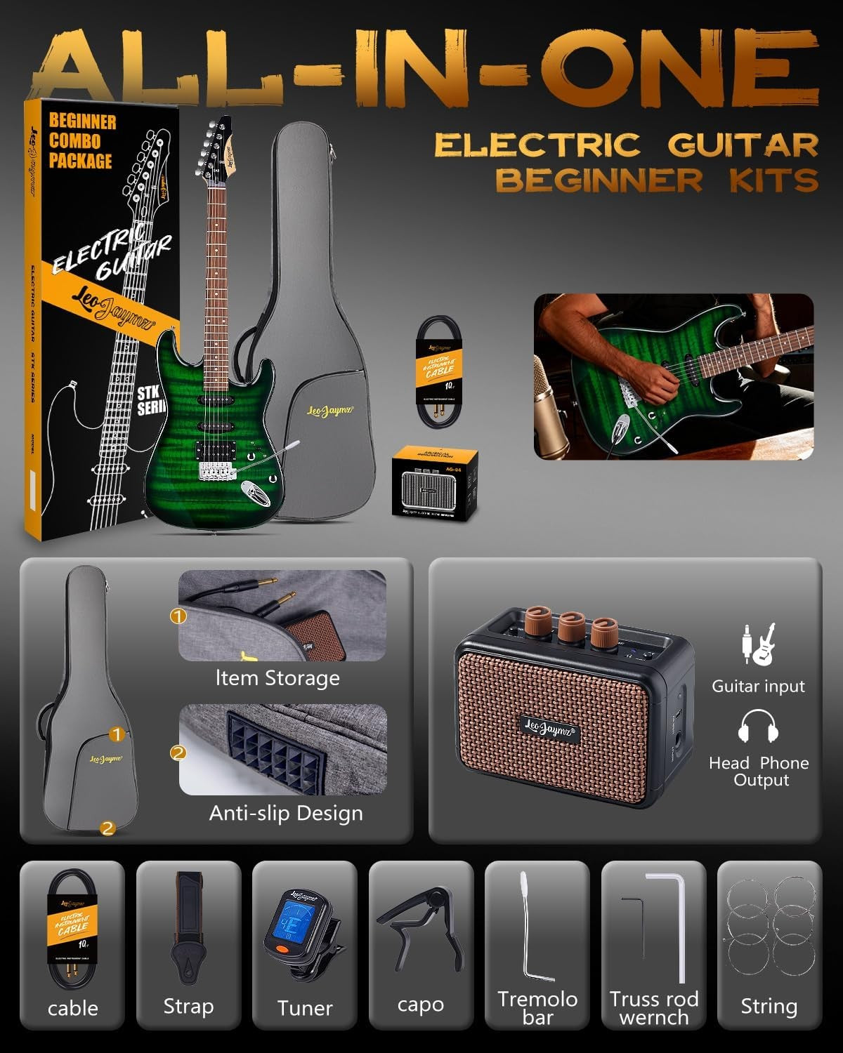Full Size Electric Guitar Starter Kit 39" w Amp Tuner Bag