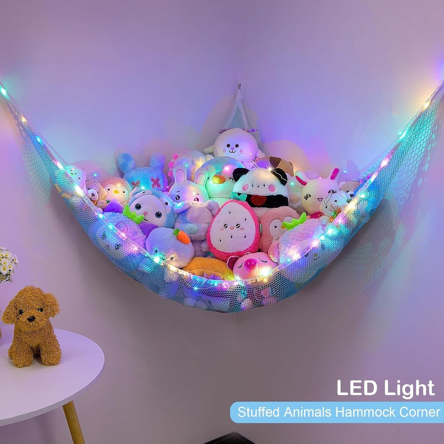 Stuffed Animal Toy Hammock with LED Light – Corner Net Storage Organizer