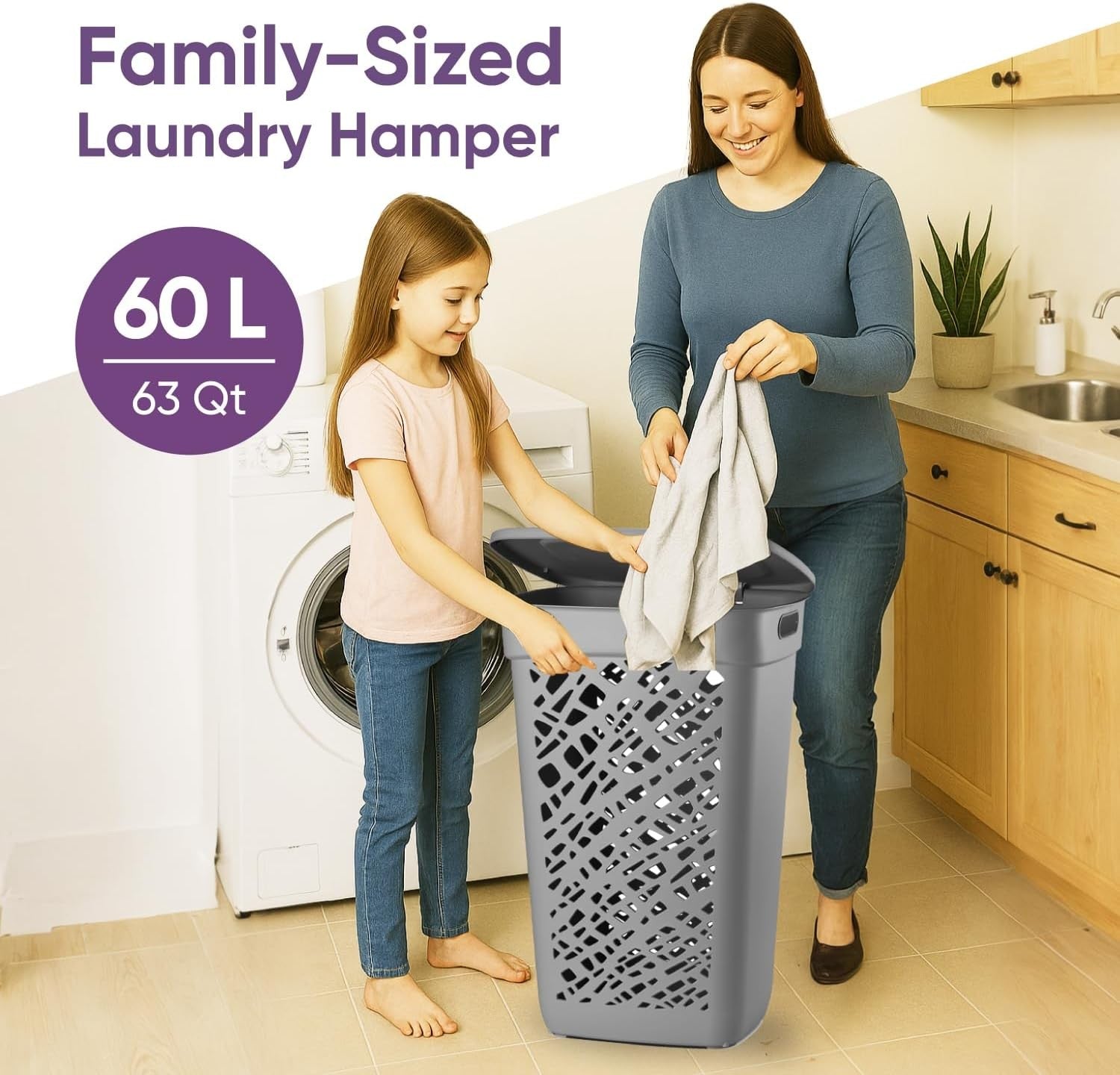60L Dark Grey Laundry Hamper with Ventilated Mosaic Design & Lid