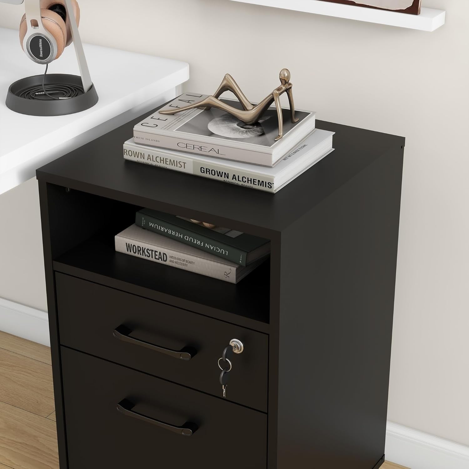 Black Mobile Filing Cabinet Lockable Drawer Printer Stand Under Desk