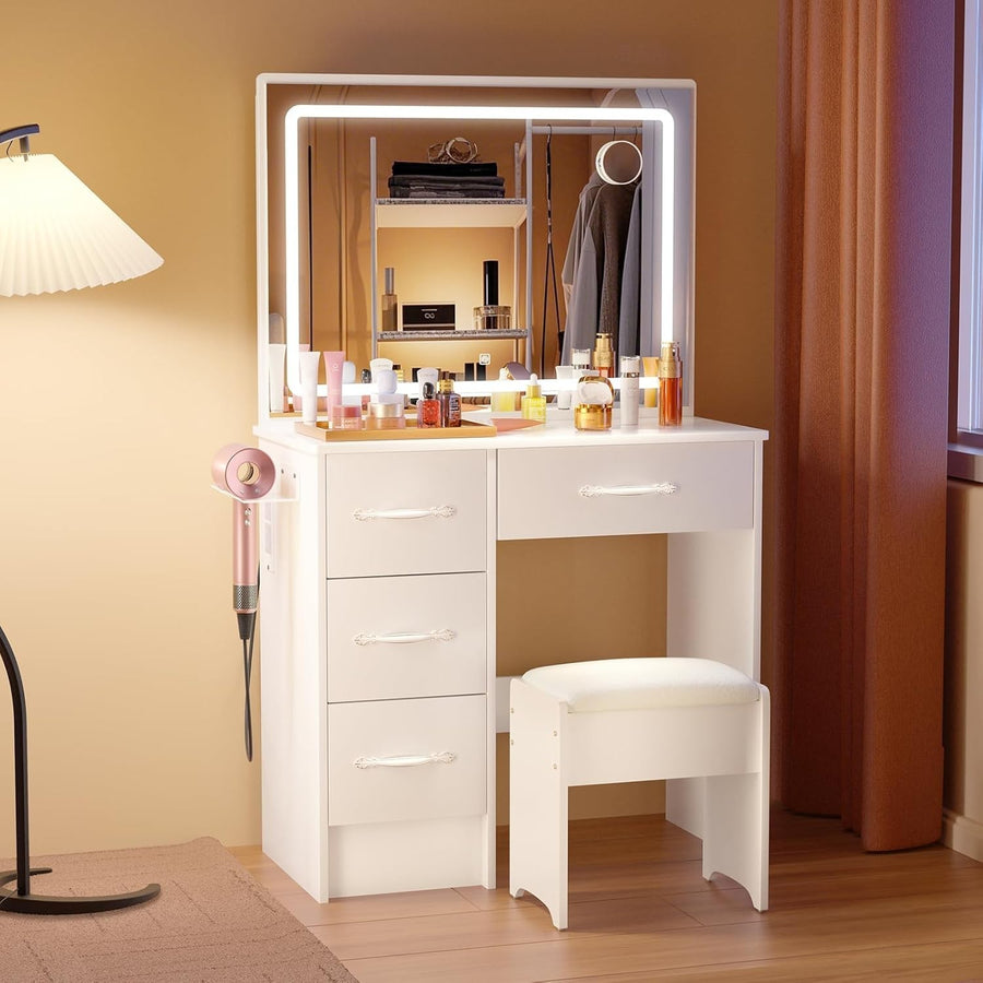 White LED Dressing Table Set w/10 Lights Mirror 5 Drawers Corner Vanity Desk