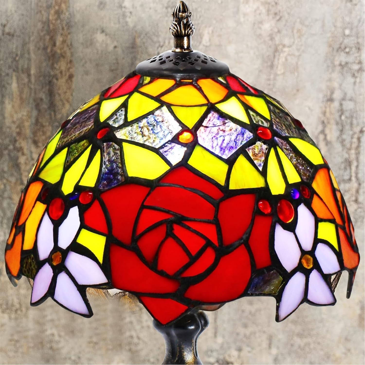 Vintage Stained Glass Table Lamp Handmade Peony Shade for Bedroom