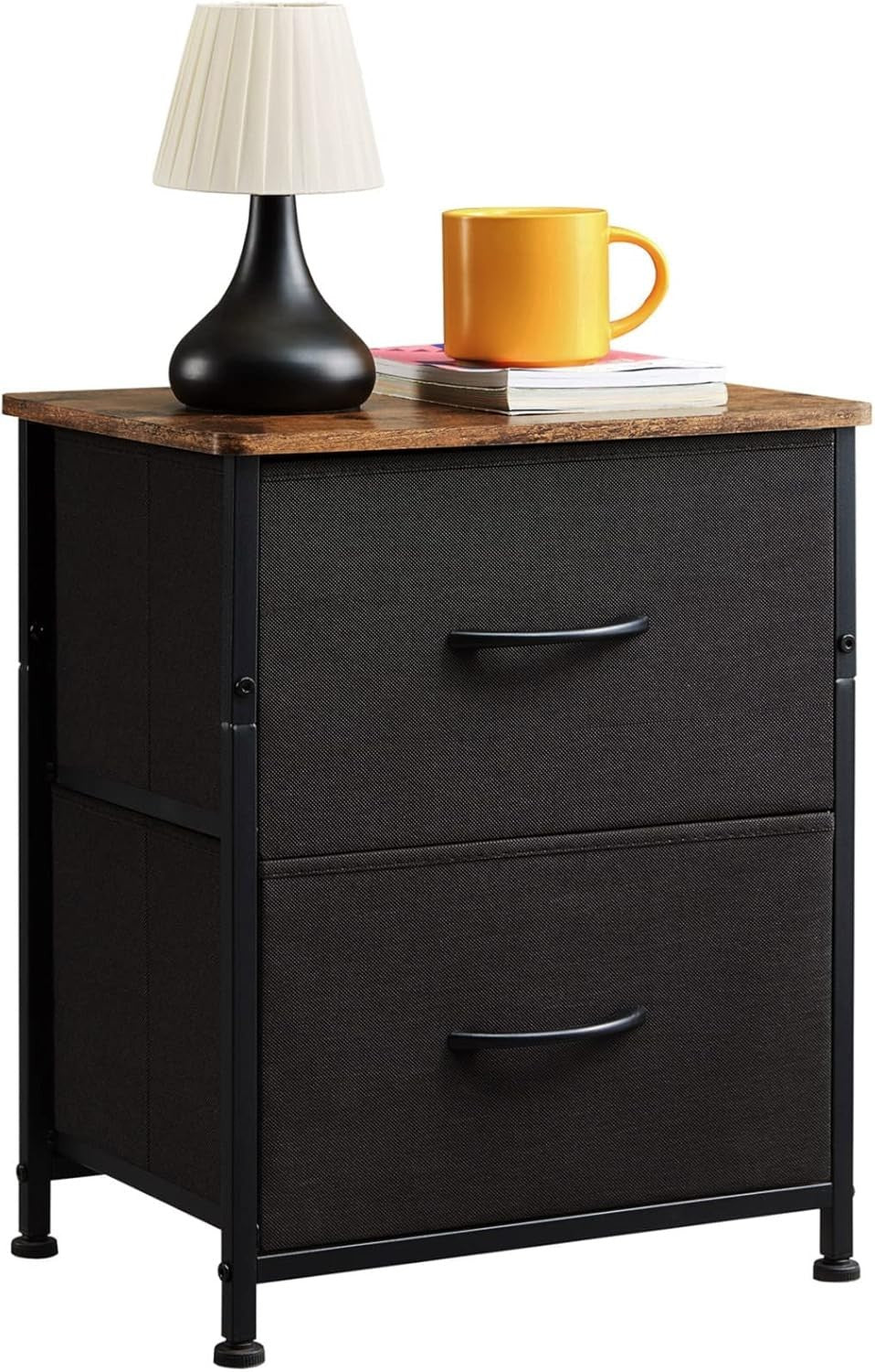 Black Bedside Tables Set of 2 with Fabric Drawers, Rustic Wood Top Nightstands