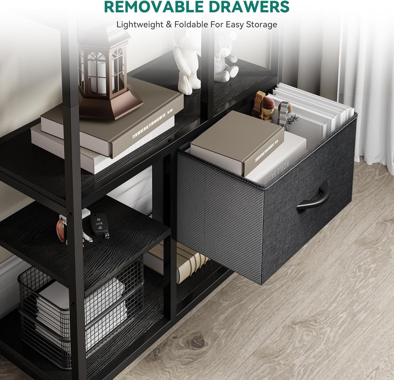 7-Tier Black Industrial Bookshelf with Drawers, Tall Storage Display Unit
